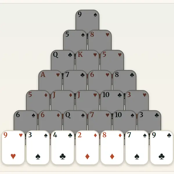 Pyramid Solitaire: a pyramid of playing cards waiting to be paired to 13
